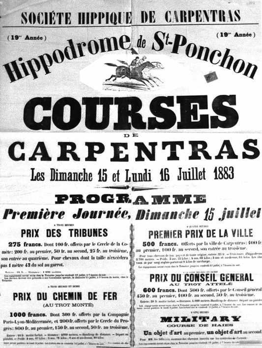 Affiche des courses hippiques de Carpentras. 1887